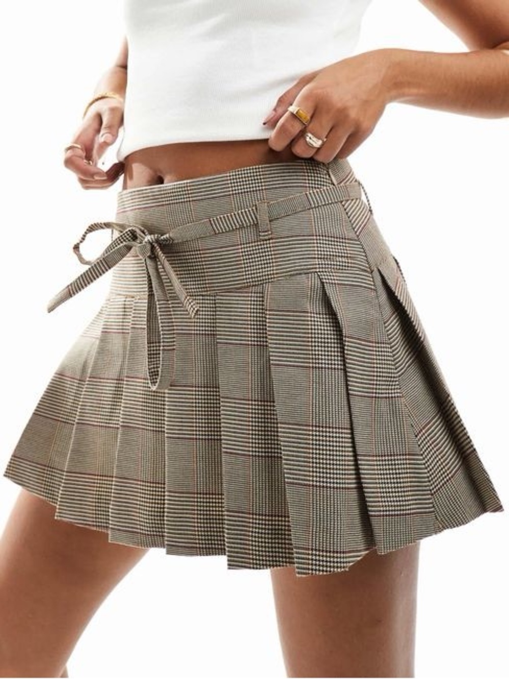 Plaid Pleated Mini Skirt with Tie Waist - Beige Plaid Small NWT